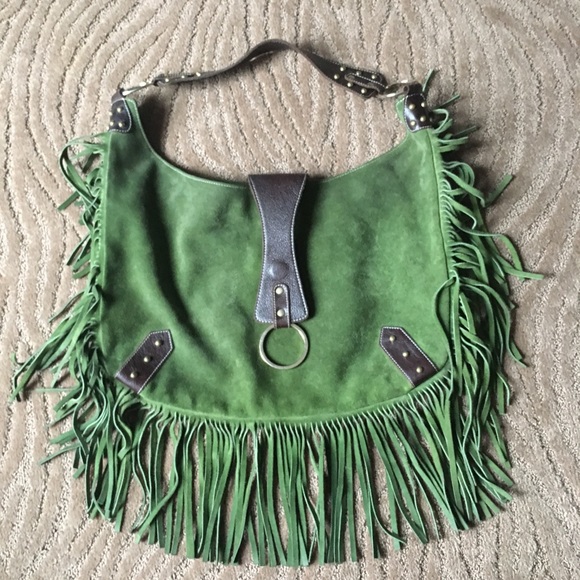 Kiki Pearl Handbags - Green Suede fringe hobo/shoulder bag.